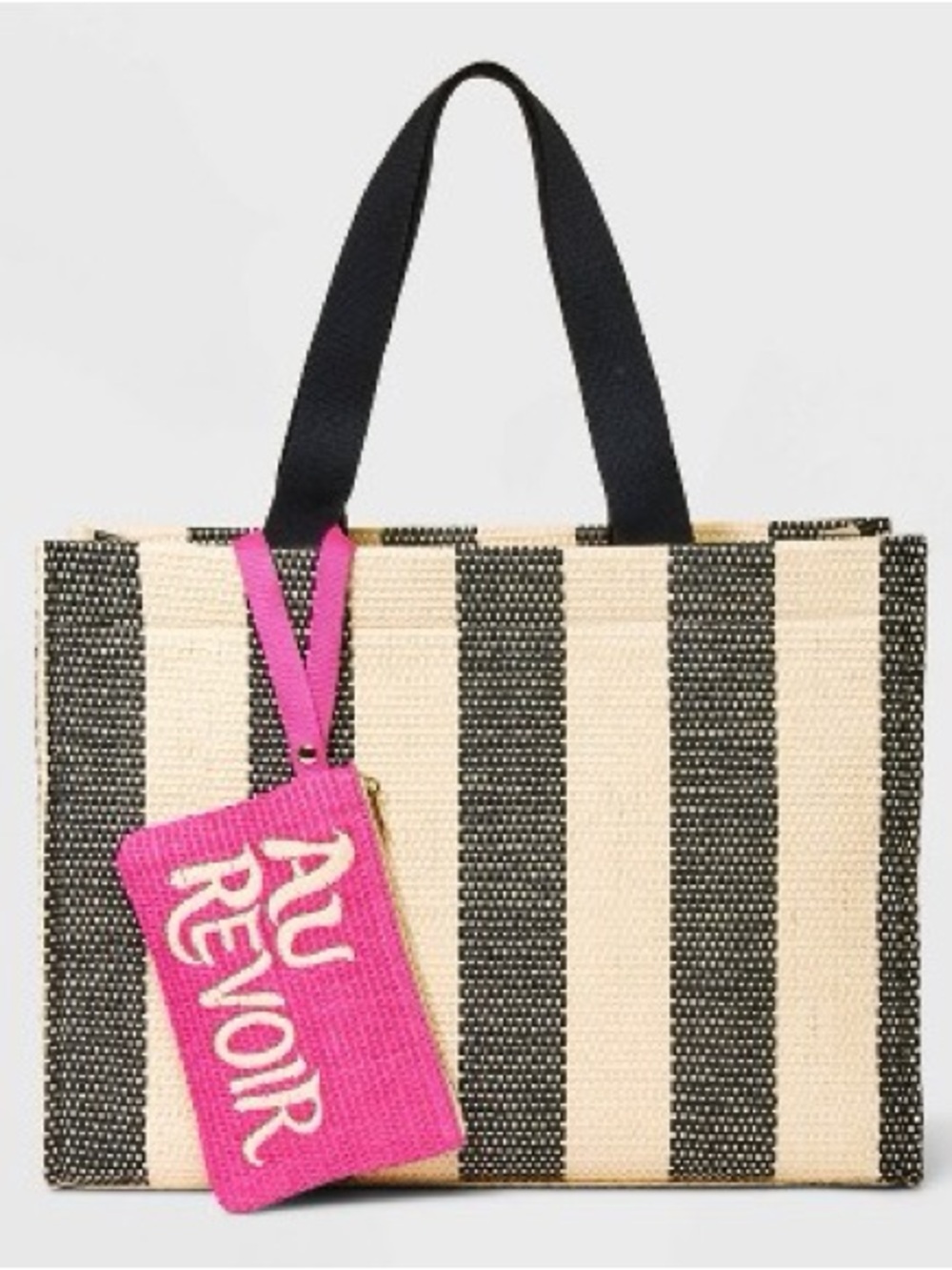 A new day Striped Tote Bag with Pink 'Au Revoir' Pouch - Black & Cream NWT